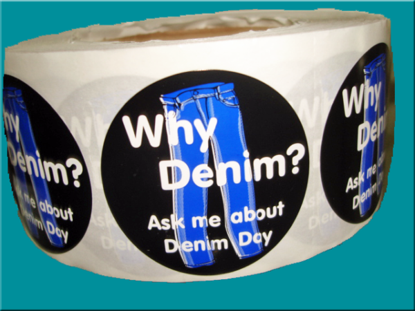 "Why Denim? Ask me about Denim Day" Stickers - Roll of 1,000